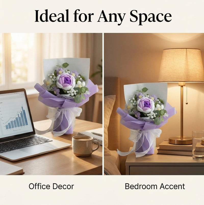 Artificial Flowers-Handcrafted Crocheted Rose Bouquet - With Clear Gift Box And Card - Image 5